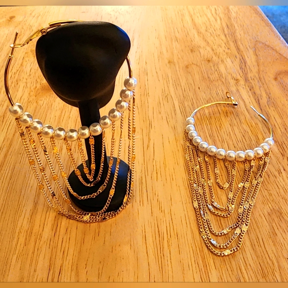 Pearl Chain link Hoop Earrings